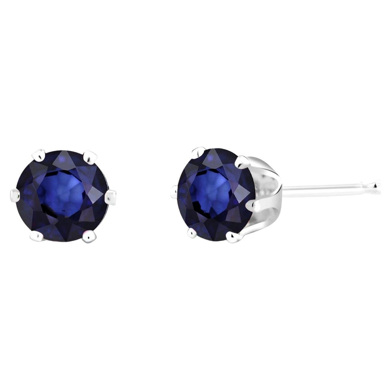 Pair Blue Round Shaped Sapphire White Gold Stud Earrings Weighing 2.00 Carats