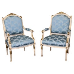Pair Blue Silk Upholstered French Painted and Gilded louis XVI Style Armchairs