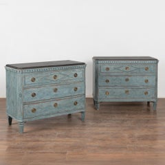 Pair, Blue Swedish Gustavian Chests of 3 Drawers, Nightstands circa 1860-80