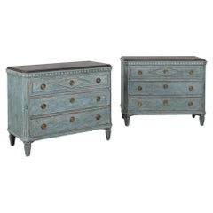 Pair, Blue Swedish Gustavian Chests of 3 Drawers, Nightstands circa 1860-80