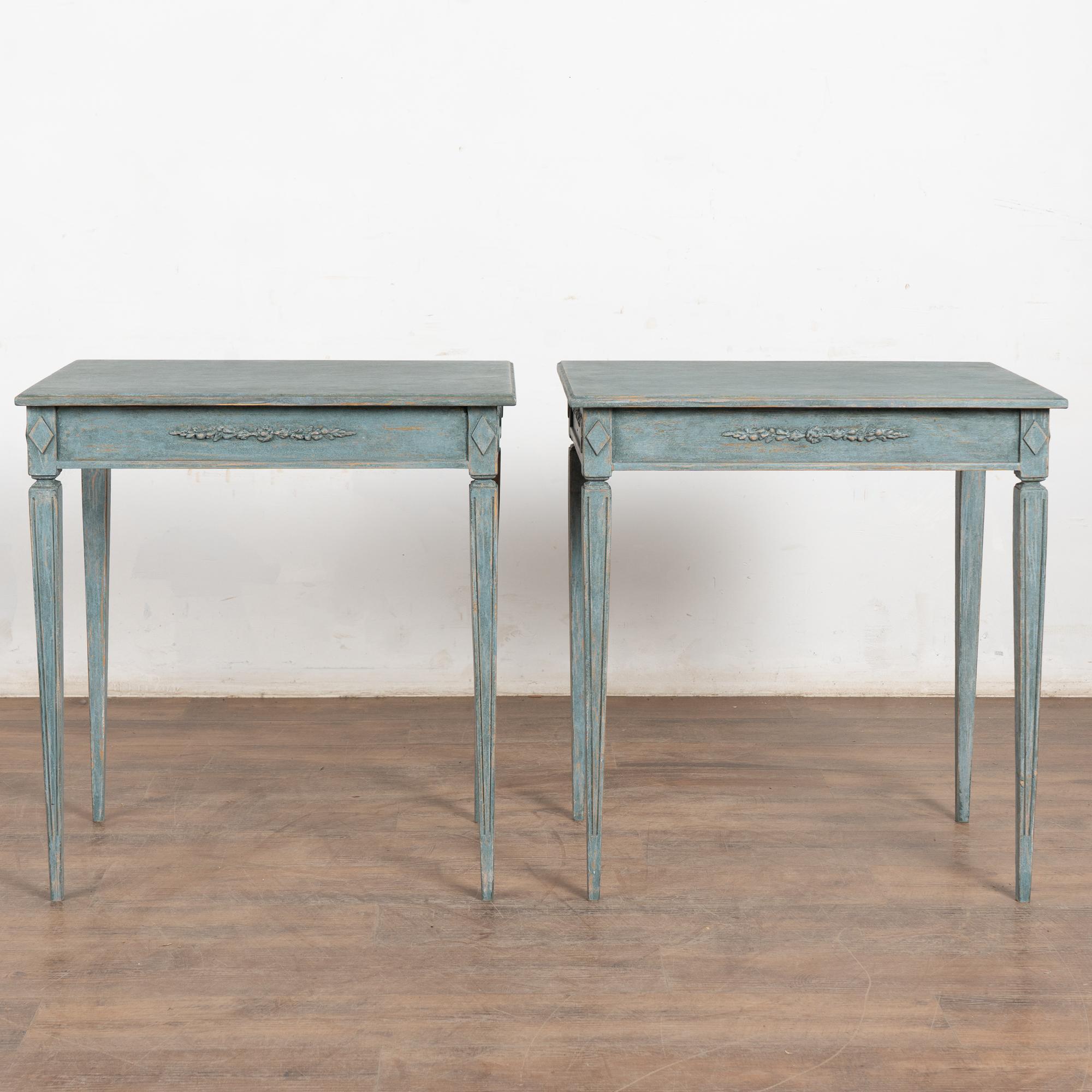 Pair, Blue Swedish Gustavian Style Reproduction Side Tables In Good Condition For Sale In Round Top, TX