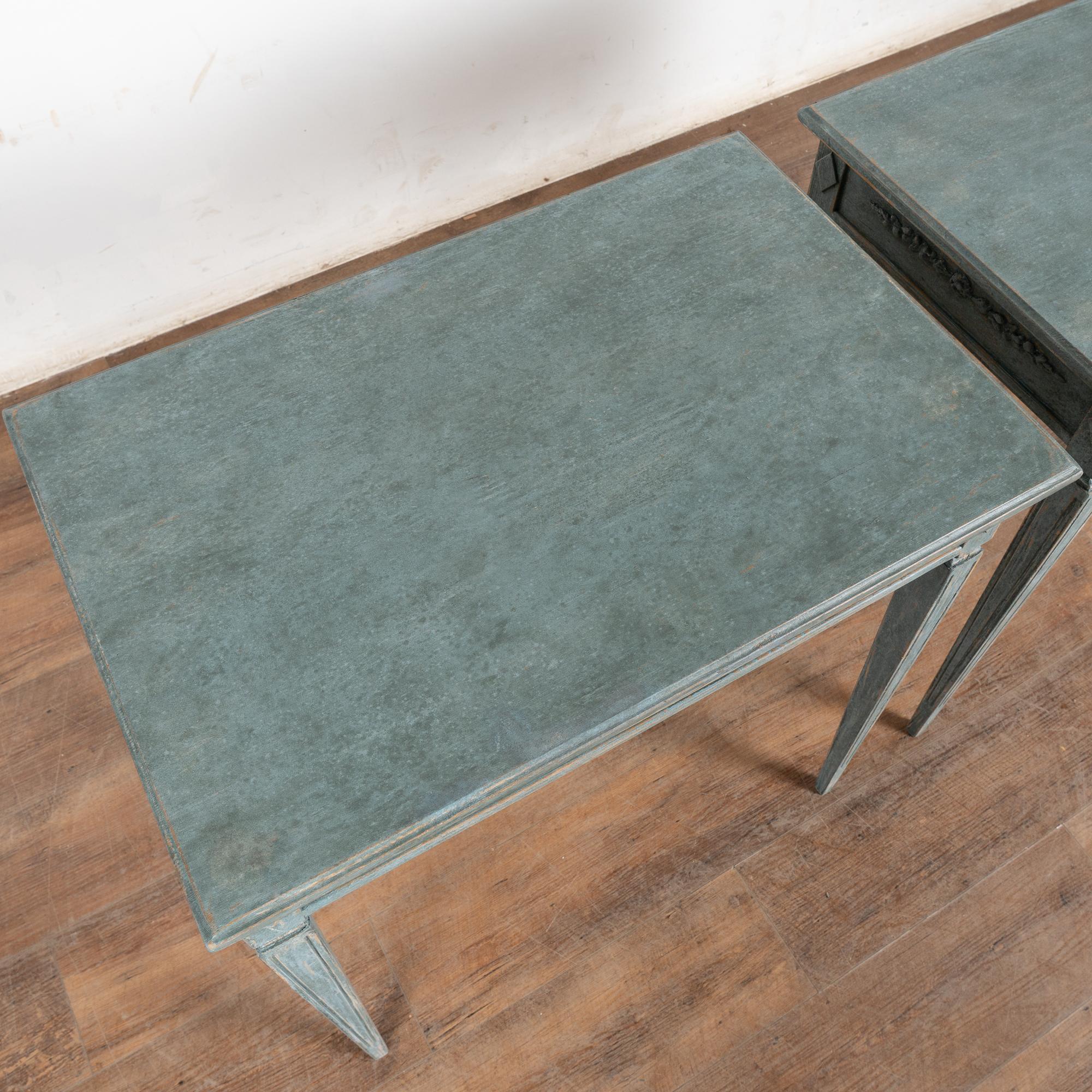 Contemporary Pair, Blue Swedish Gustavian Style Reproduction Side Tables For Sale