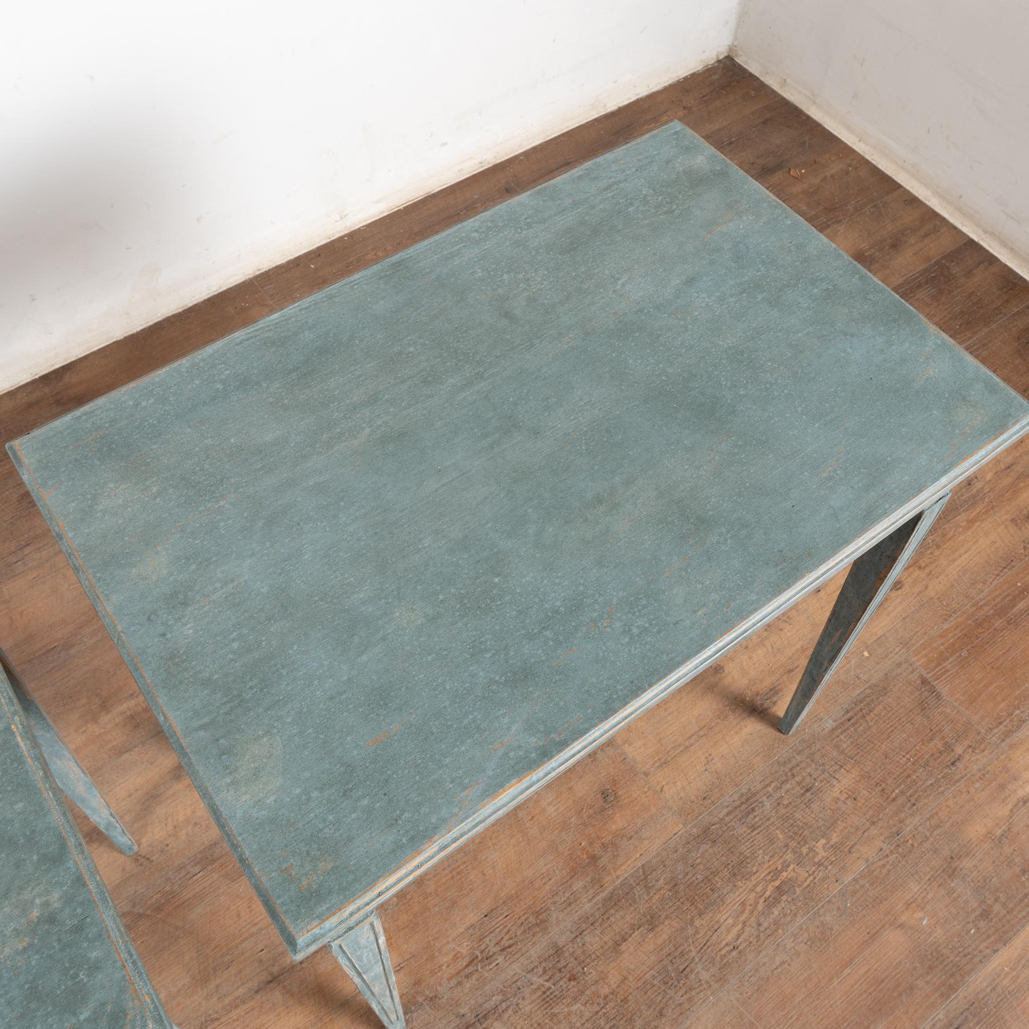 Wood Pair, Blue Swedish Gustavian Style Reproduction Side Tables For Sale