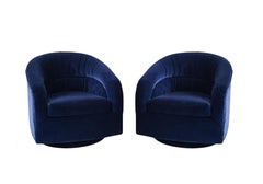 Pair Blue Swiveling Ruched Barrel-Back Lounge Chairs