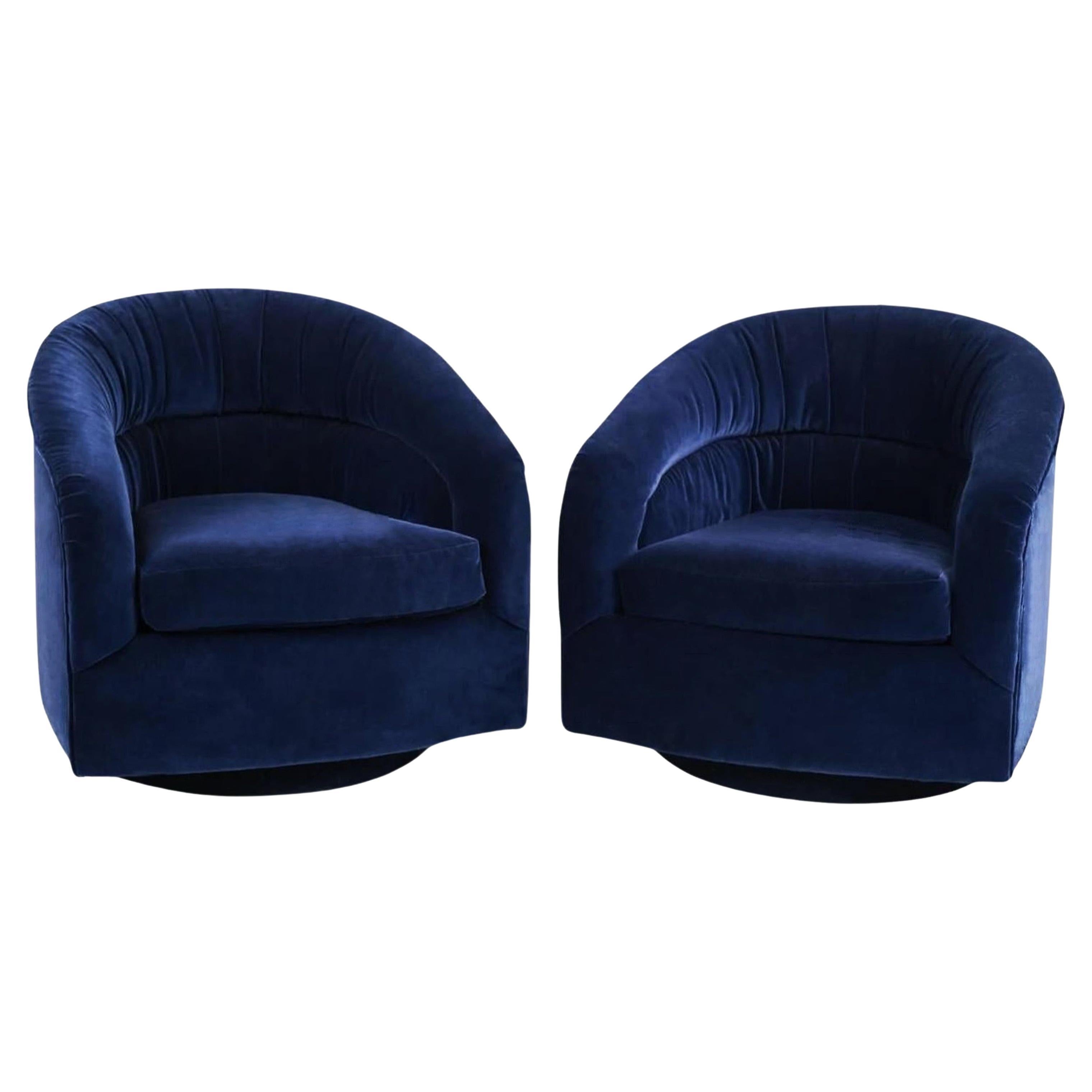 Pair Blue Swiveling Ruched Barrel-Back Lounge Chairs
