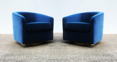 Pair Blue Velvet & Brass Swivel Chairs in the Style of Milo Baughman