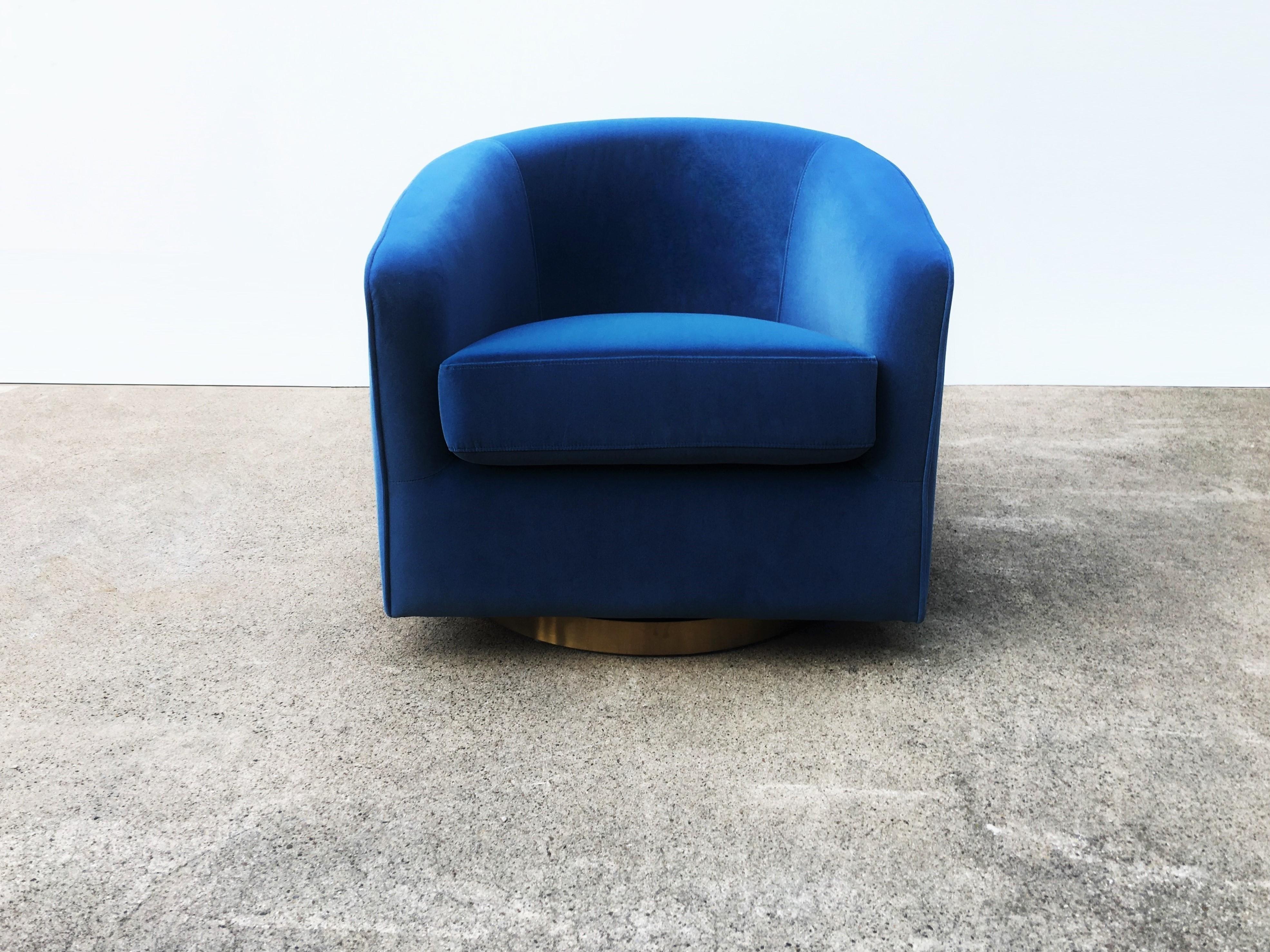 Mid-Century Modern Pair Blue Velvet & Brass Swivel Chairs in the Style of Milo Baughman