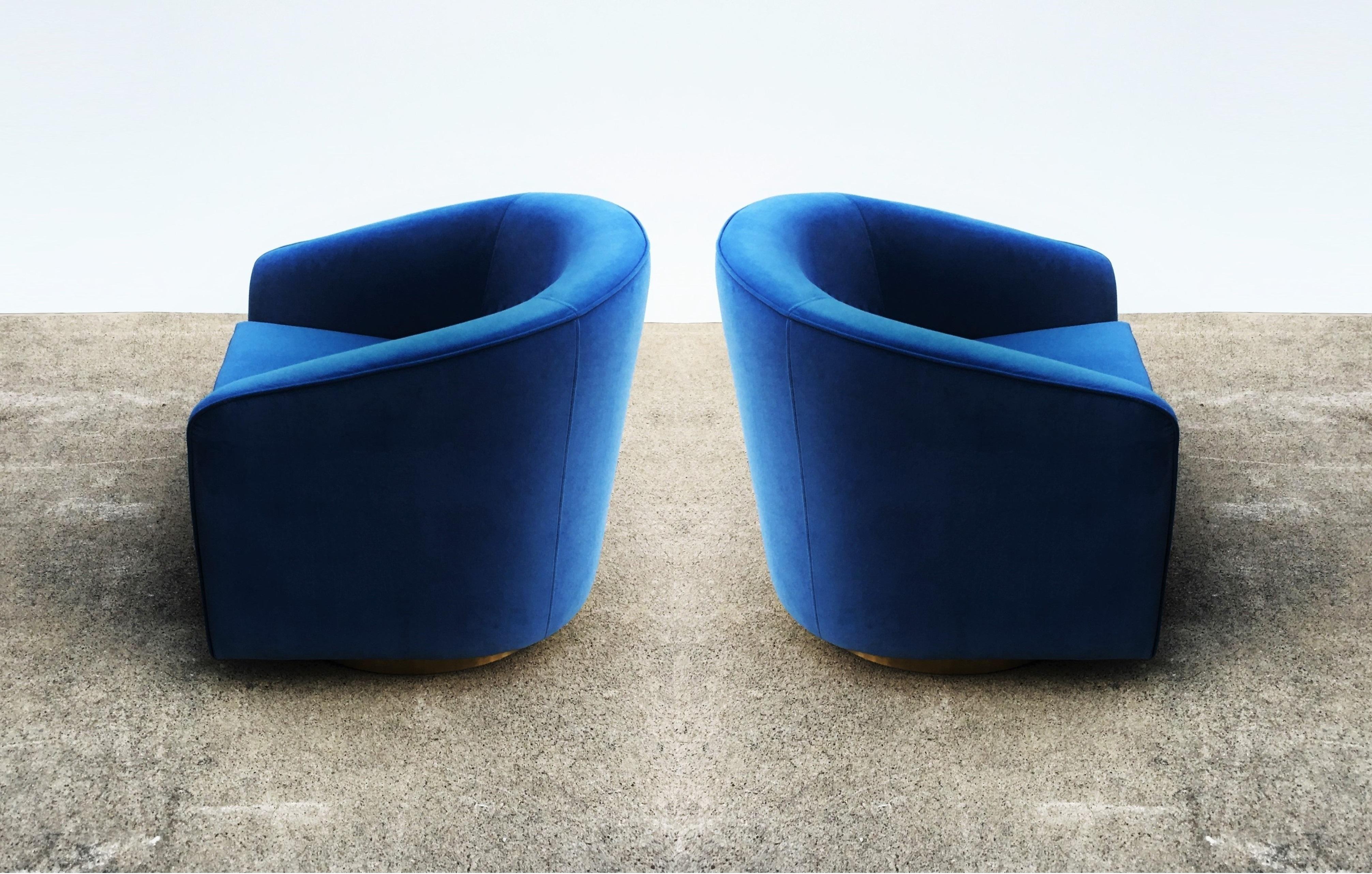 Pair Blue Velvet & Brass Swivel Chairs in the Style of Milo Baughman 1