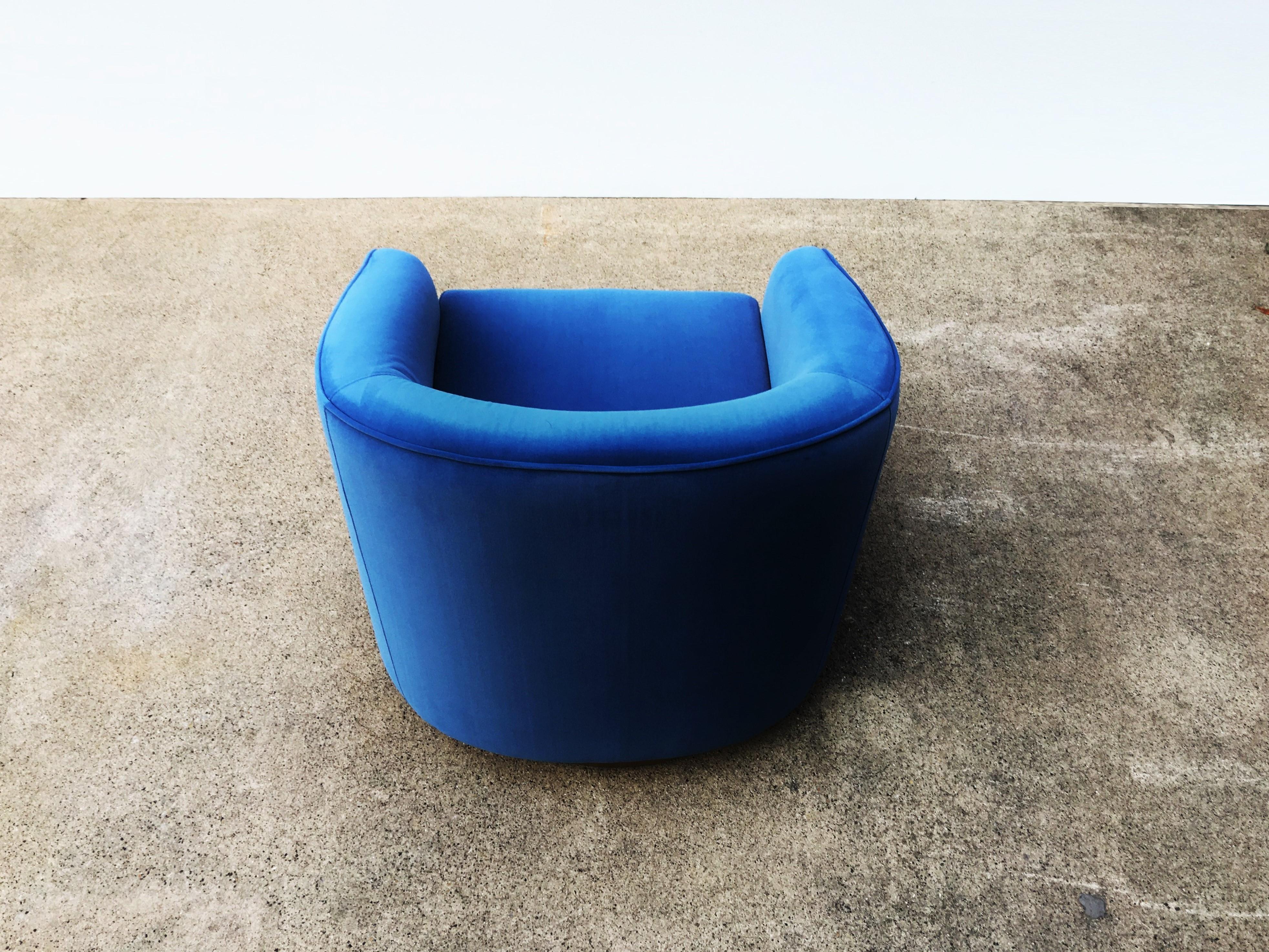 Pair Blue Velvet & Brass Swivel Chairs in the Style of Milo Baughman 2
