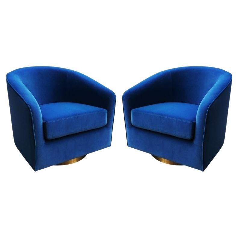 Pair Blue Velvet & Brass Swivel Chairs in the Style of Milo Baughman