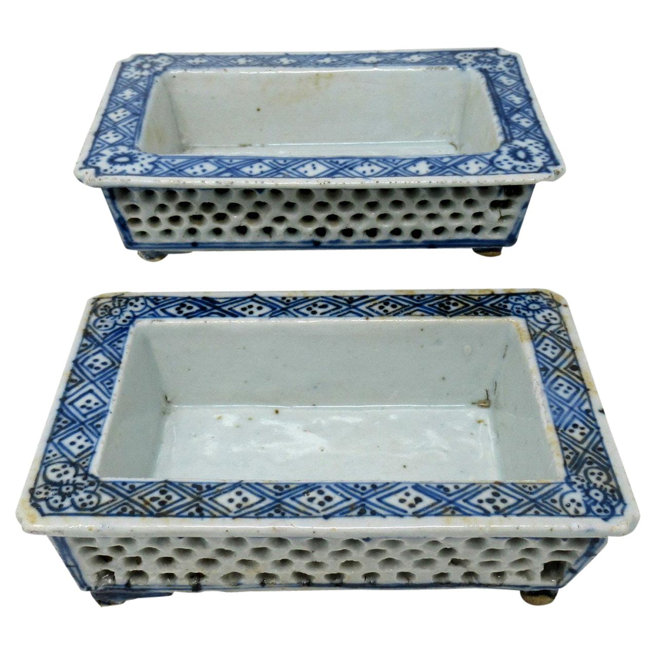 Pair Blue White Chinese Reticulated Porcelain Narcissus Bonsai Planters Qianlong