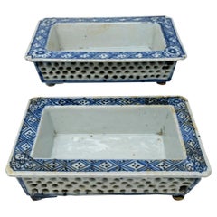 Antique Pair Blue White Chinese Reticulated Porcelain Narcissus Bonsai Planters Qianlong