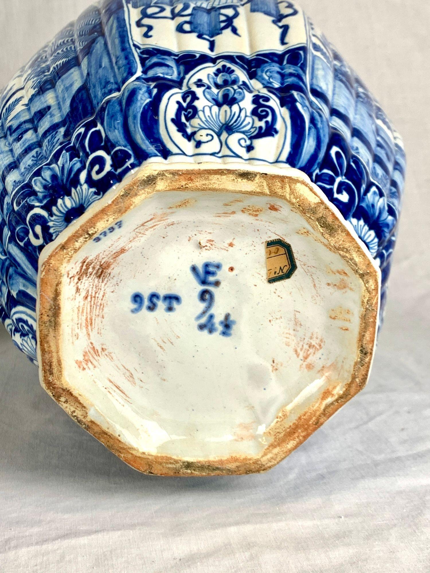 These blue and white Dutch Delft jars, hand painted and marked by De Porceleyne Bijl, were made in the Netherlands circa 1780.
Each jar has a softly faceted octagonal form.
The hand-painted panels alternate between beautiful bouquets of peonies and