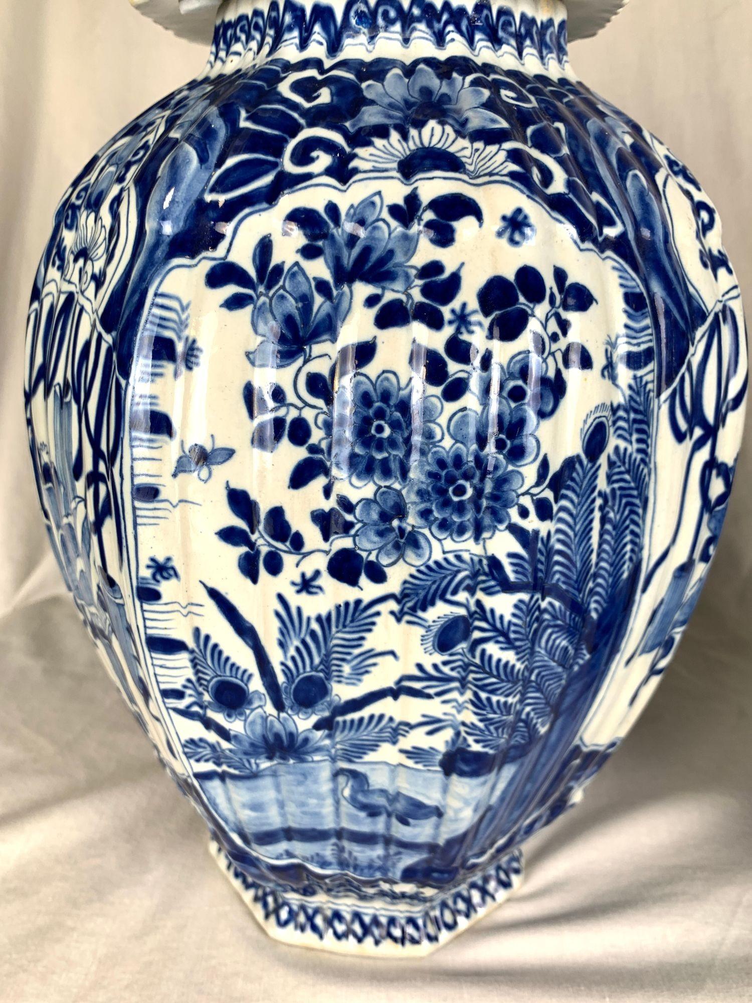 Chinoiserie Pair Blue & White Dutch Delft Jars Hand Painted Marked De Porceleyne Bijl C-1780 For Sale