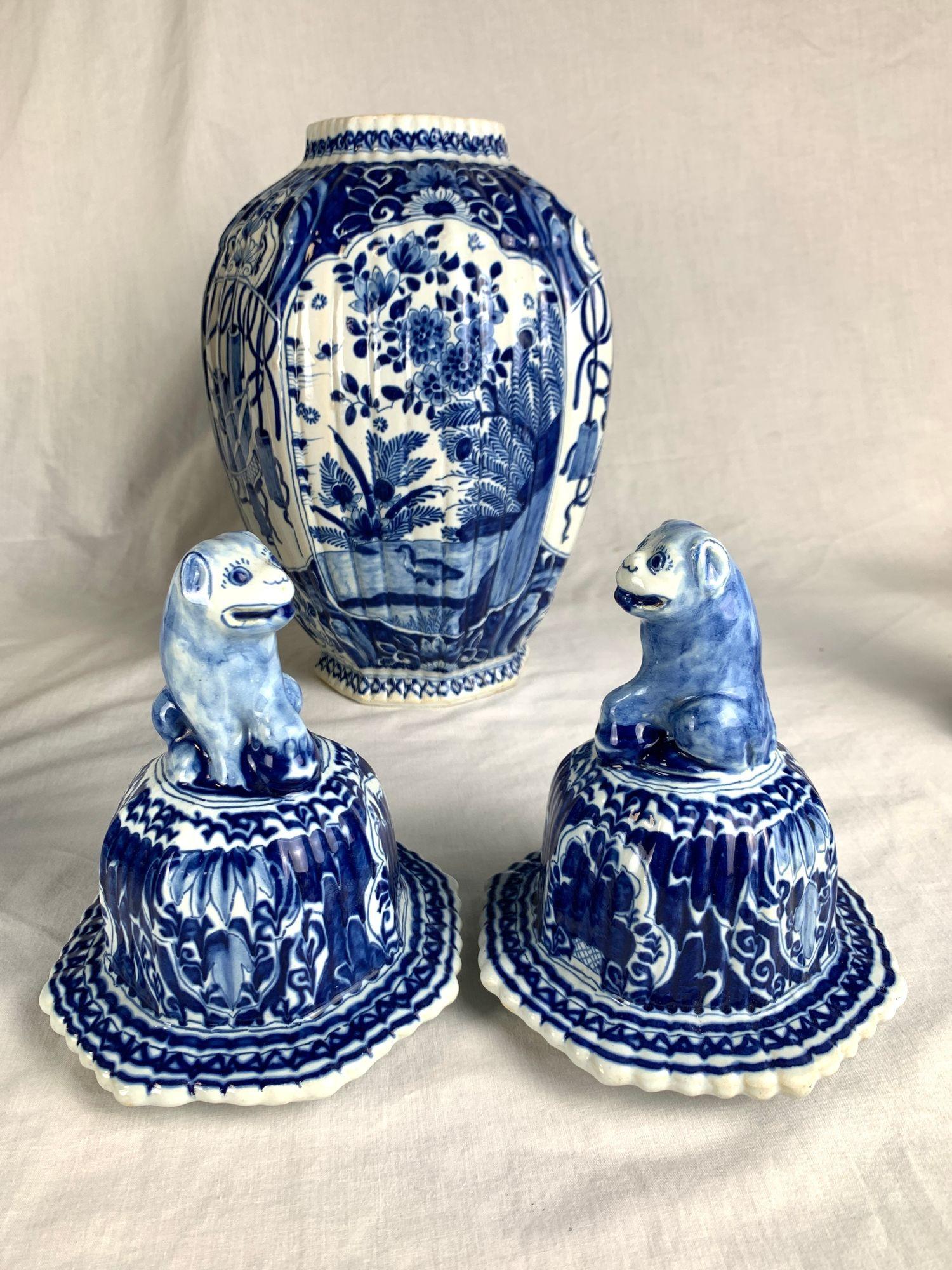 Hand-Painted Pair Blue & White Dutch Delft Jars Hand Painted Marked De Porceleyne Bijl C-1780 For Sale