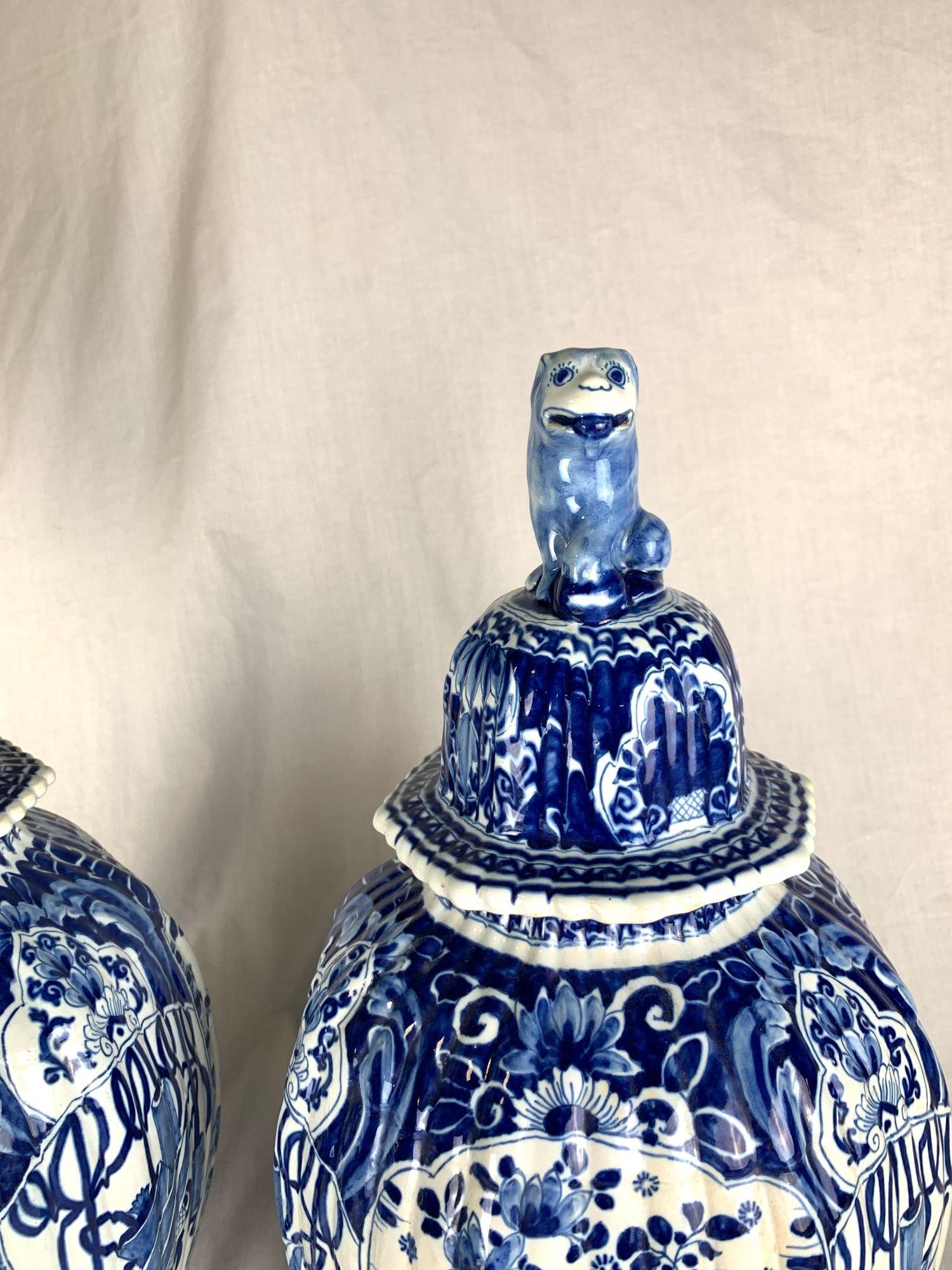 Pair Blue & White Dutch Delft Jars Hand Painted Marked De Porceleyne Bijl C-1780 For Sale 1