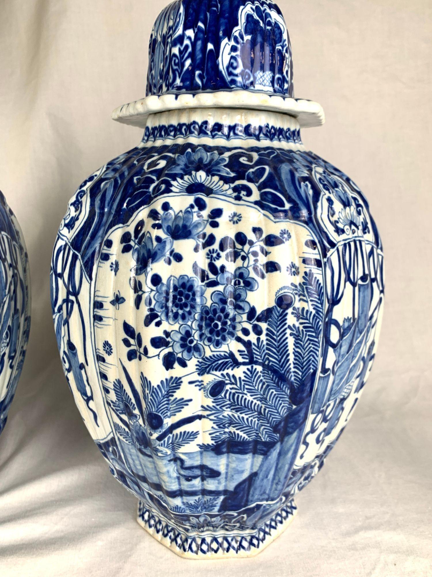 Pair Blue & White Dutch Delft Jars Hand Painted Marked De Porceleyne Bijl C-1780 For Sale 2