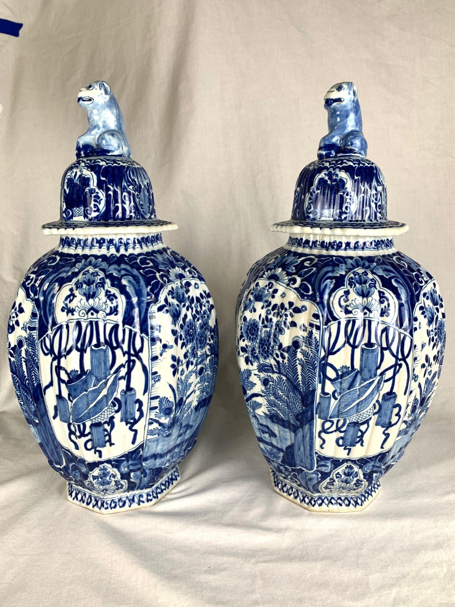 Pair Blue & White Dutch Delft Jars Hand Painted Marked De Porceleyne Bijl C-1780 For Sale 3