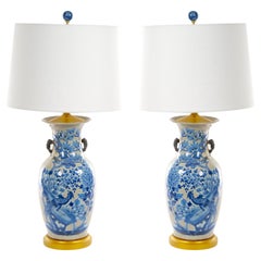 Hand Painted & Decorated Chinese Porcelain Blue / Beige Crackle Lamps