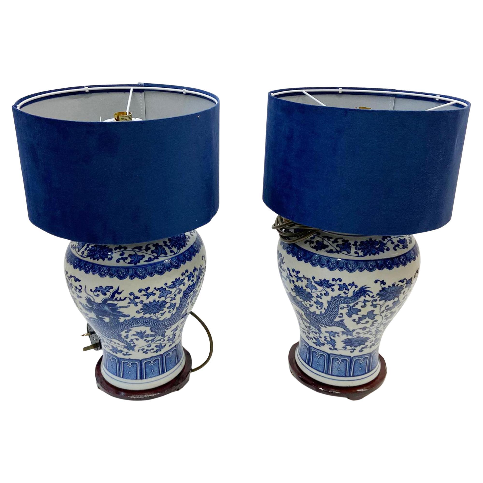 Pair Blue White Porcelain Table Lamps Chinese Nanking Ginger Urn