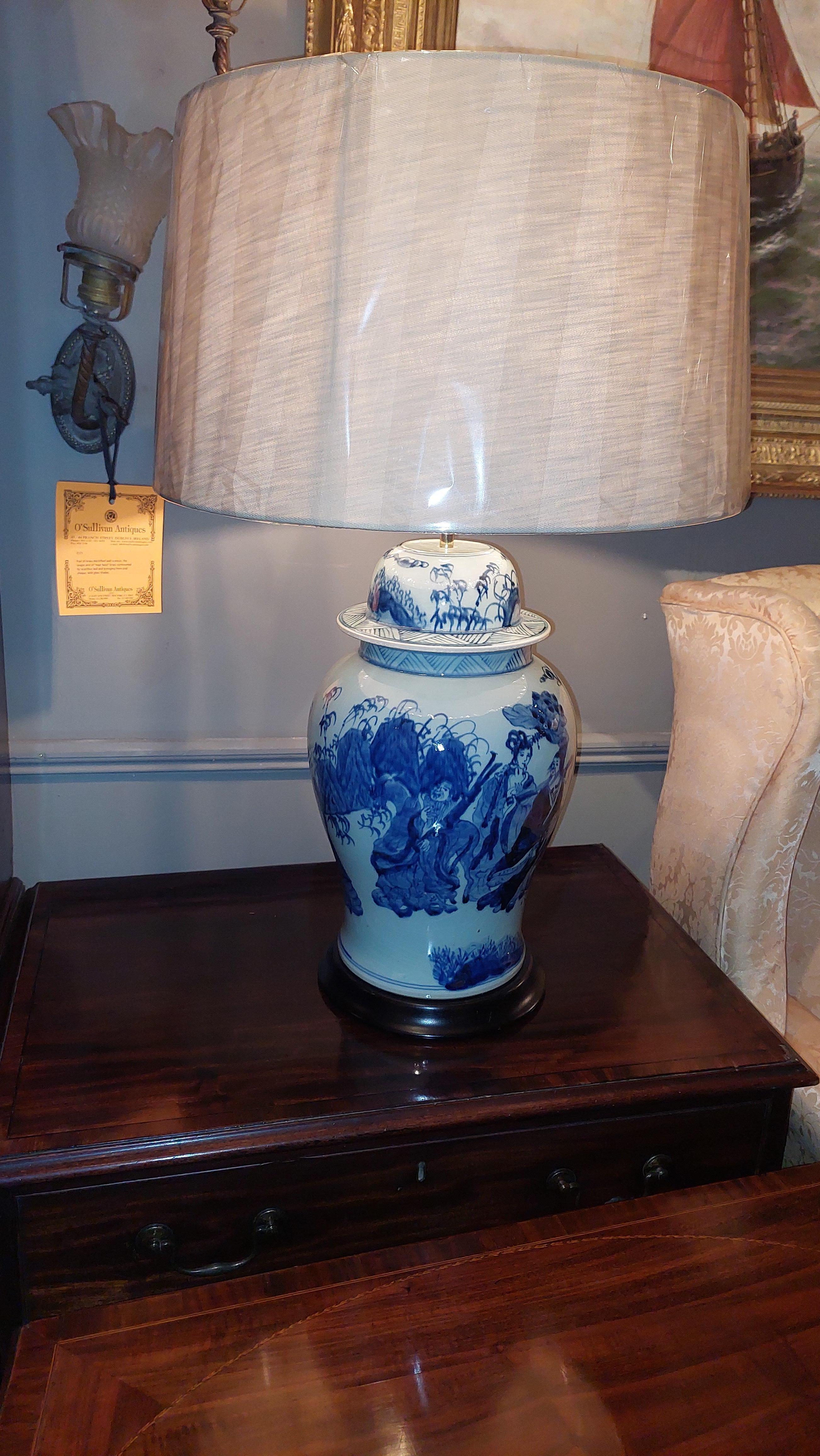 Chinese Export Pair Blue & White Temple Jar Lamps For Sale
