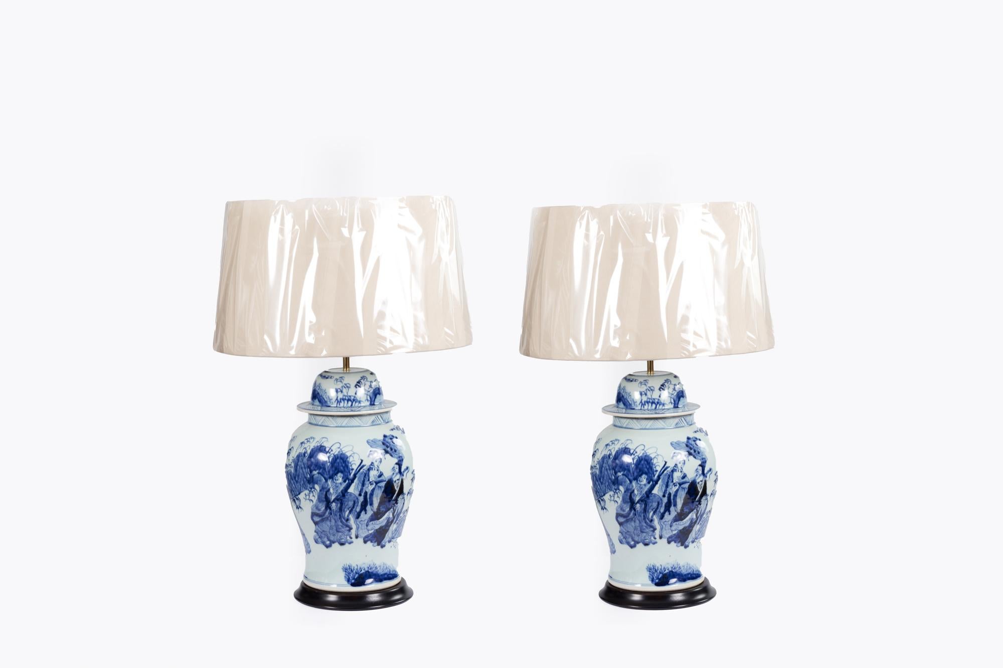 Irish Pair Blue & White Temple Jar Lamps For Sale