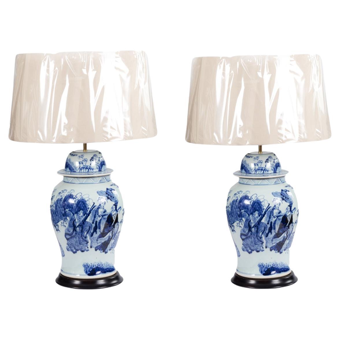 Pair Blue & White Temple Jar Lamps For Sale