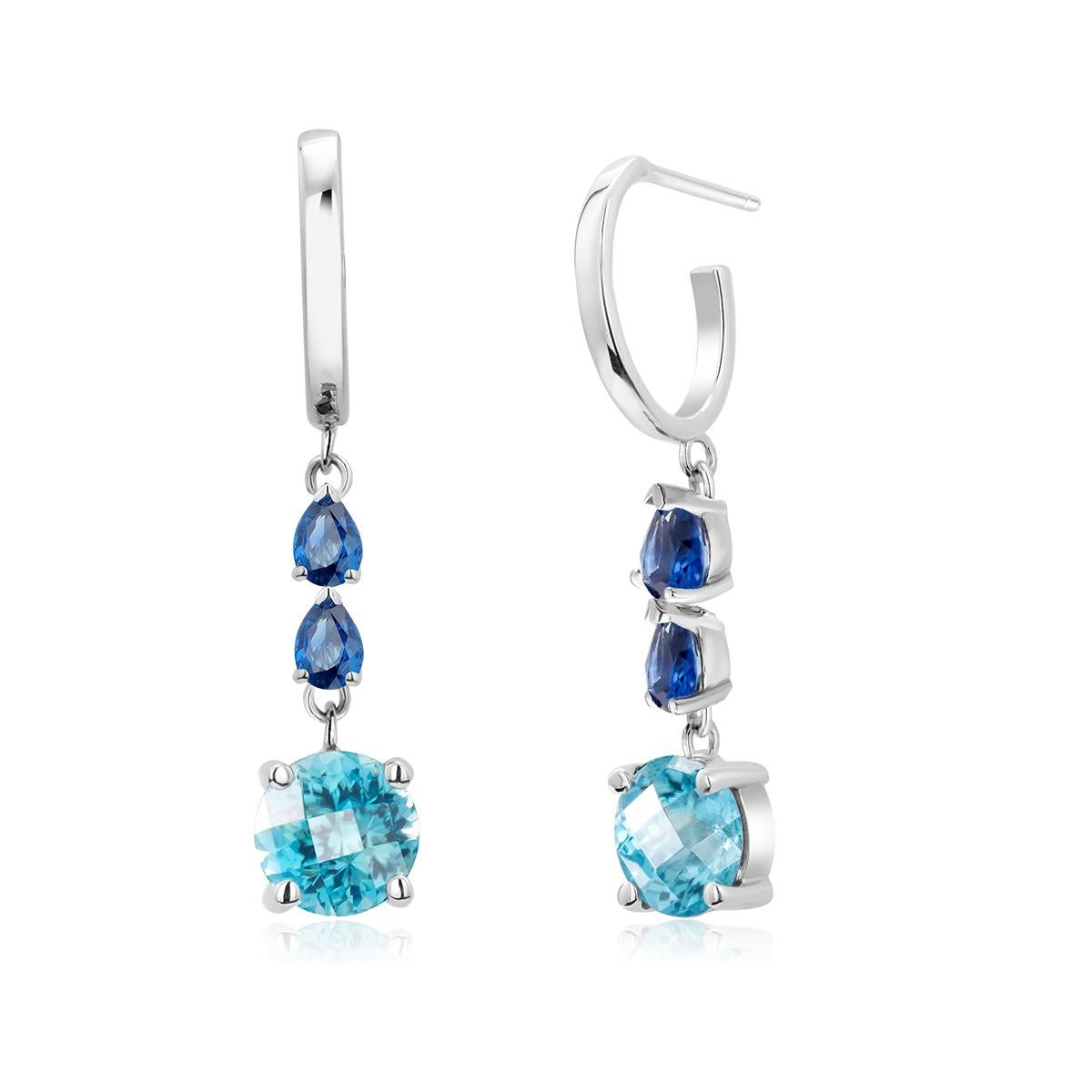 Women's or Men's Round Blue Zircon and Pear Sapphire Gold Hoop Drop Earrings Weighing 5.50 Carat