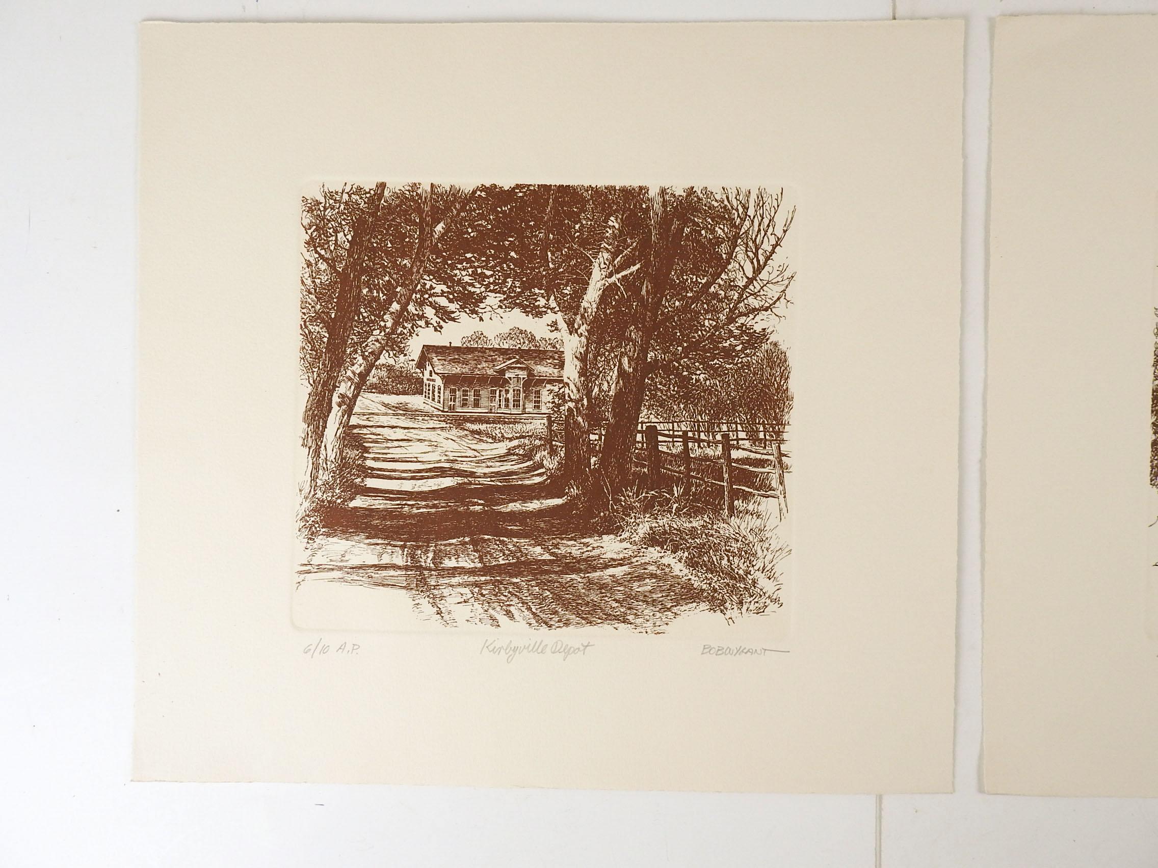 Pair of etchings, log cabin and Kirbyville Train Depot on cream heavy paper by Bob Wygant (1927-2008) Texas. Signed, titled Log Cabin, numbered 4/7 AP and titled Kirbyville Depot, numbered 6/10 AP. Unframed, image size 10