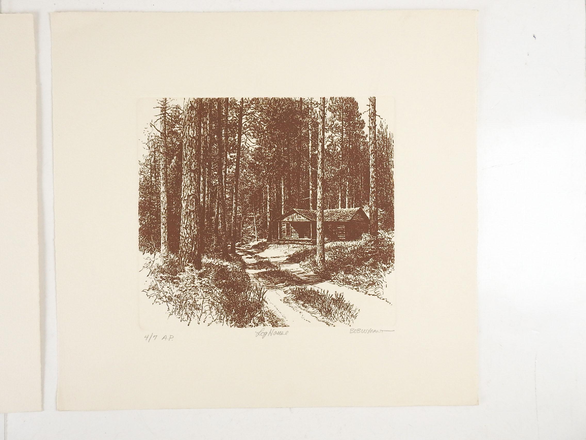 Rustic Pair Bob Wygant Etchings Log House & Depot For Sale