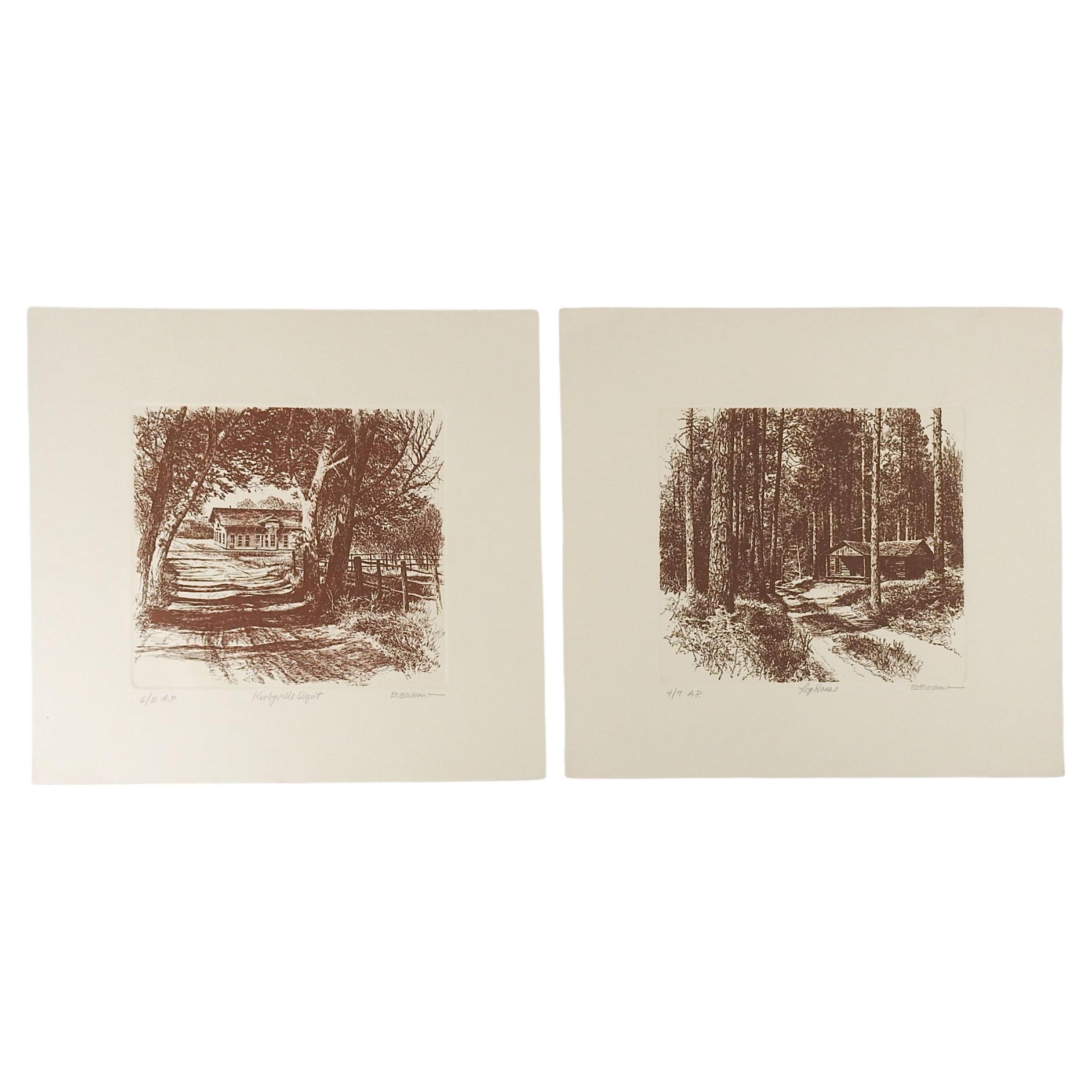 Pair Bob Wygant Etchings Log House & Depot For Sale