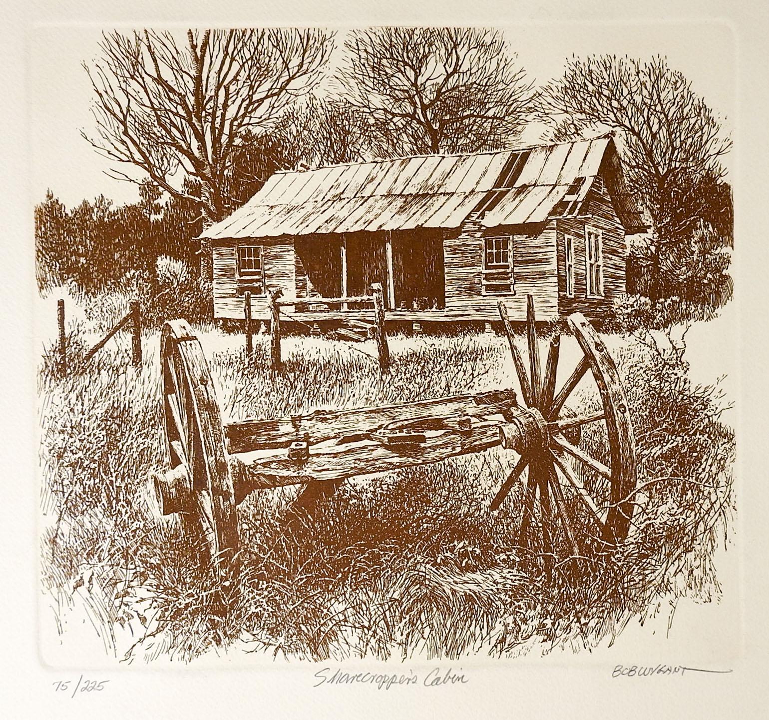 Pair of etchings on cream heavy paper by Bob Wygant (1927-2008) Texas. Signed, titled Sharcropper's Cabin, numbered 75/225 and signed, titled Post office At Call, numbered 6/10 AP. Unframed, image size 10
