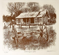 Pair Bob Wygant Etchings Rustic Cabins
