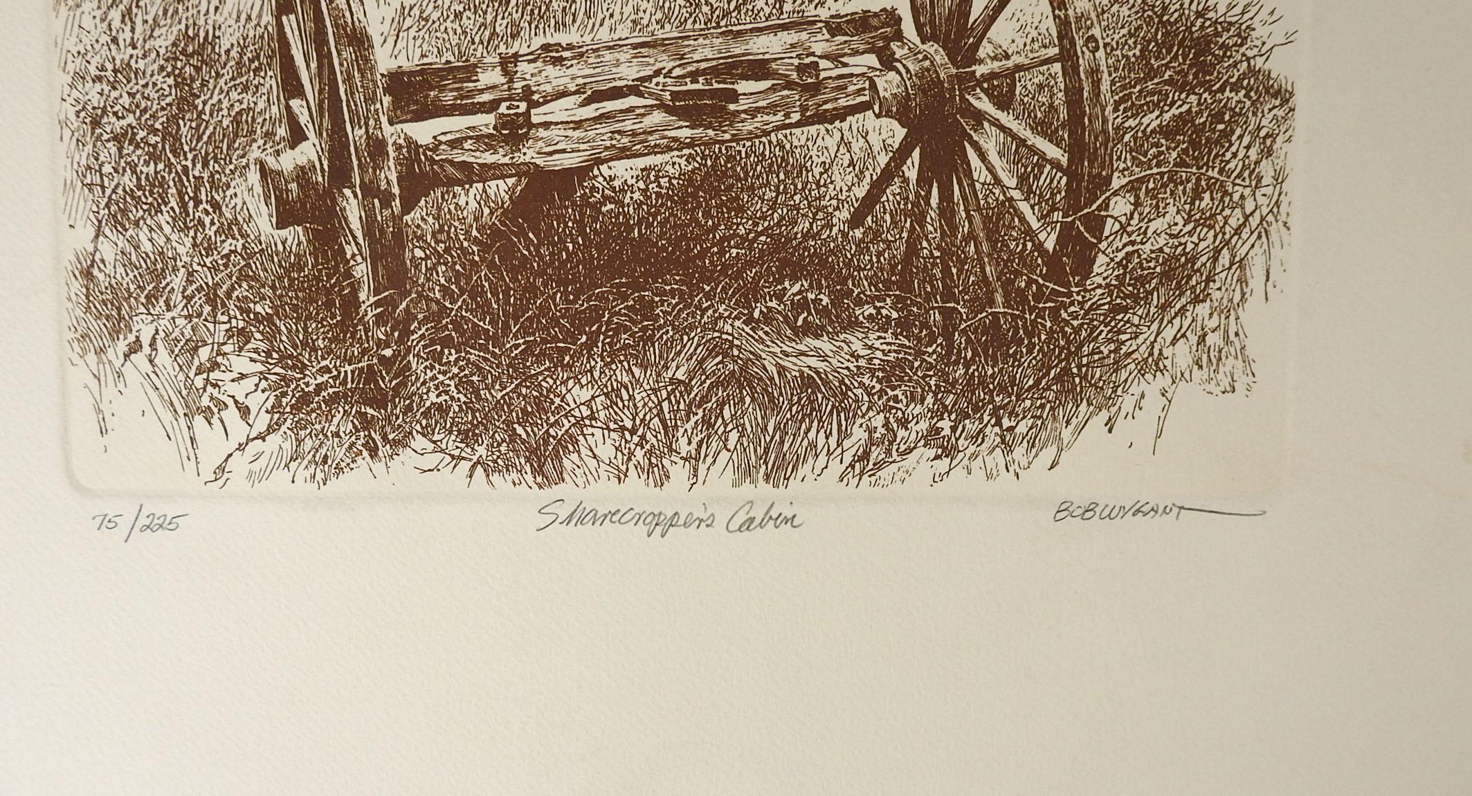 20th Century Pair Bob Wygant Etchings Rustic Cabins For Sale
