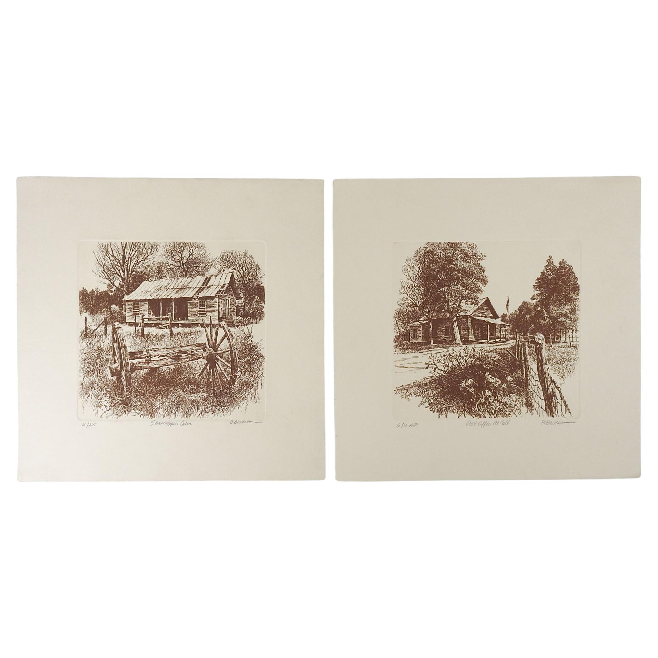 Pair Bob Wygant Etchings Rustic Cabins For Sale