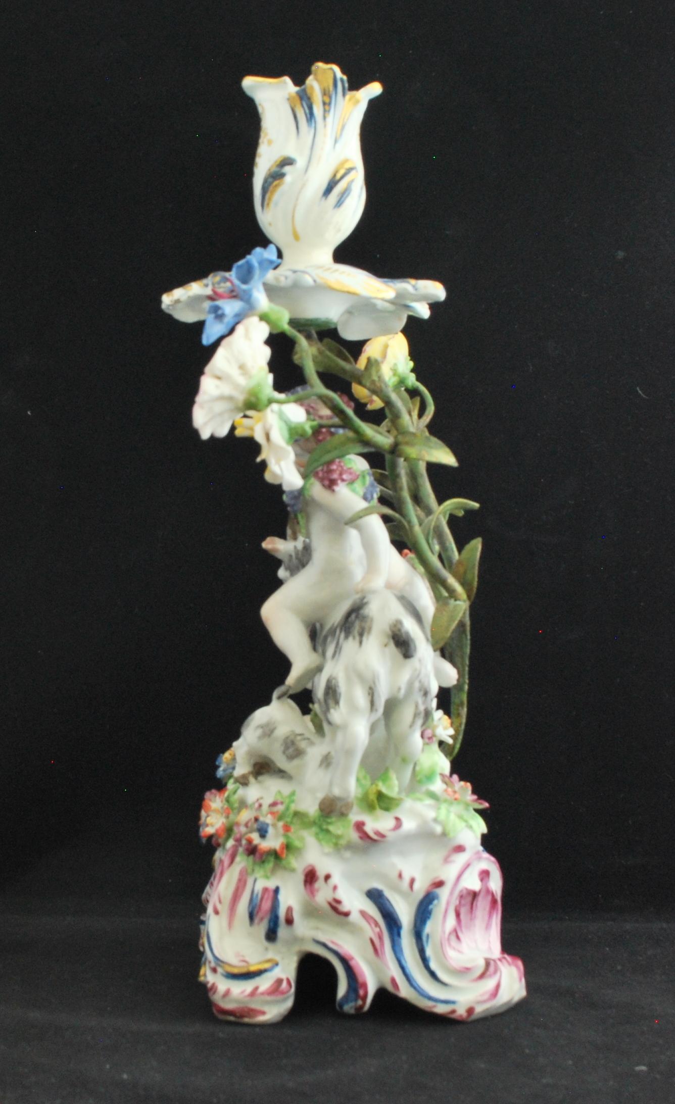 Porcelain Pair of Bocage Candlesticks, Putti and Goats. Bow 1766 For Sale