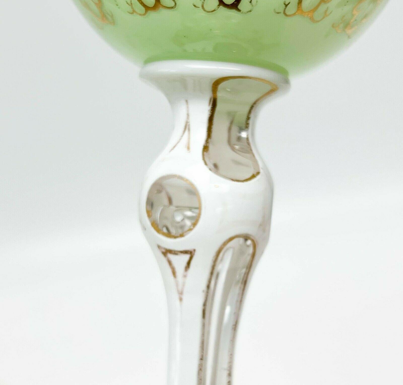 Pair Bohemian 3 Layer Green White Cut to Clear Glass Goblets, 19th Century 4