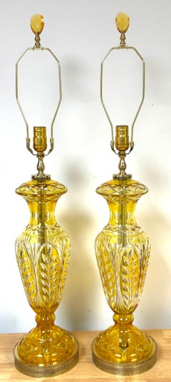 Pair Bohemian Citrine Cut Clear Crystal & Brass Lamps & Finials, Style of Moser