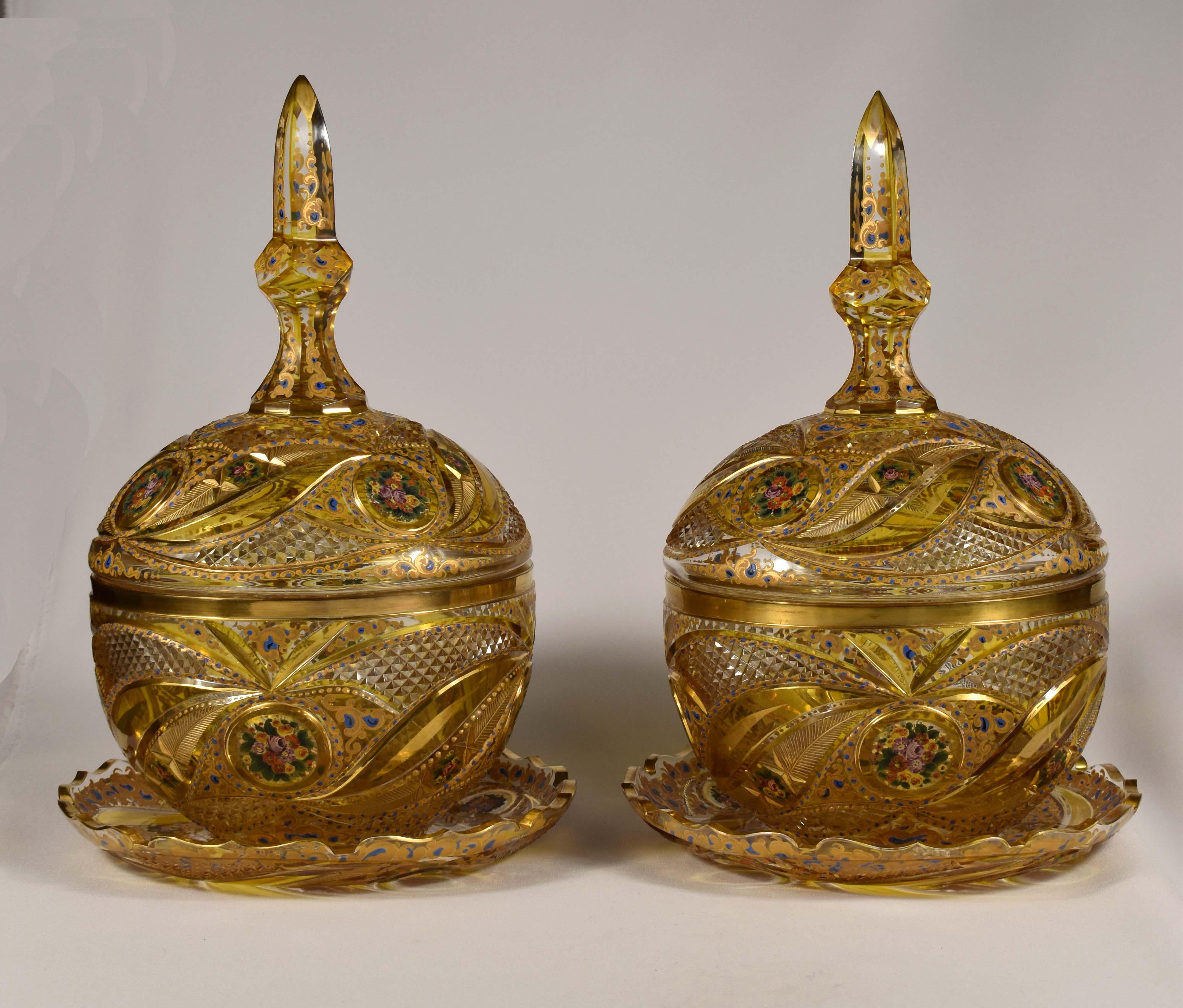 It is a clear glass with yellow glaze, cut and painted, This is Bohemian glass of the 20th century ,Made for the Persian or Ottoman market, The set consists of a lid jar and a plate, nothing is damaged.