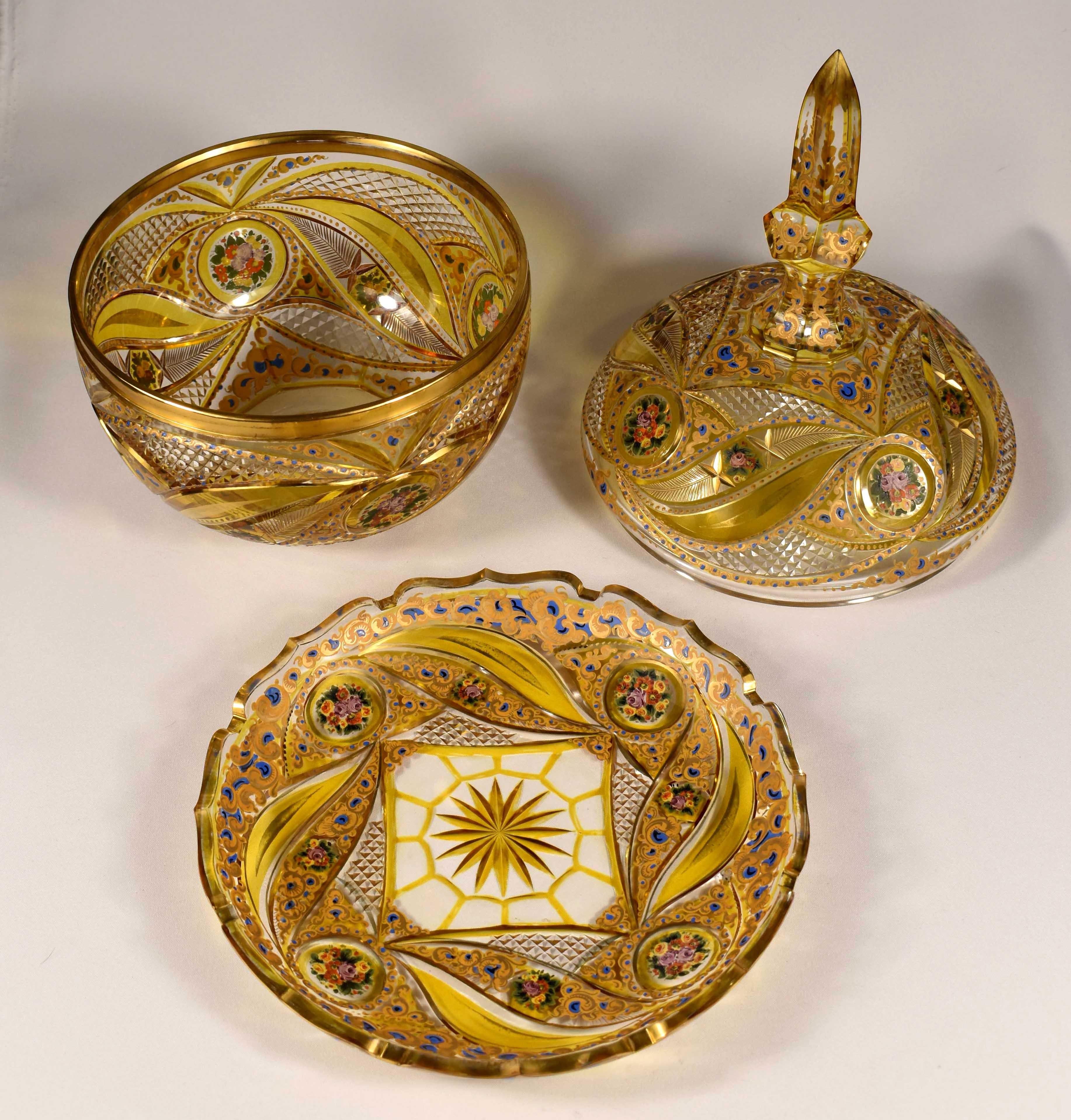 Pair Bohemian Cut and Painted Glass Bombonieres, Ottoman Market In Good Condition In Nový Bor, CZ