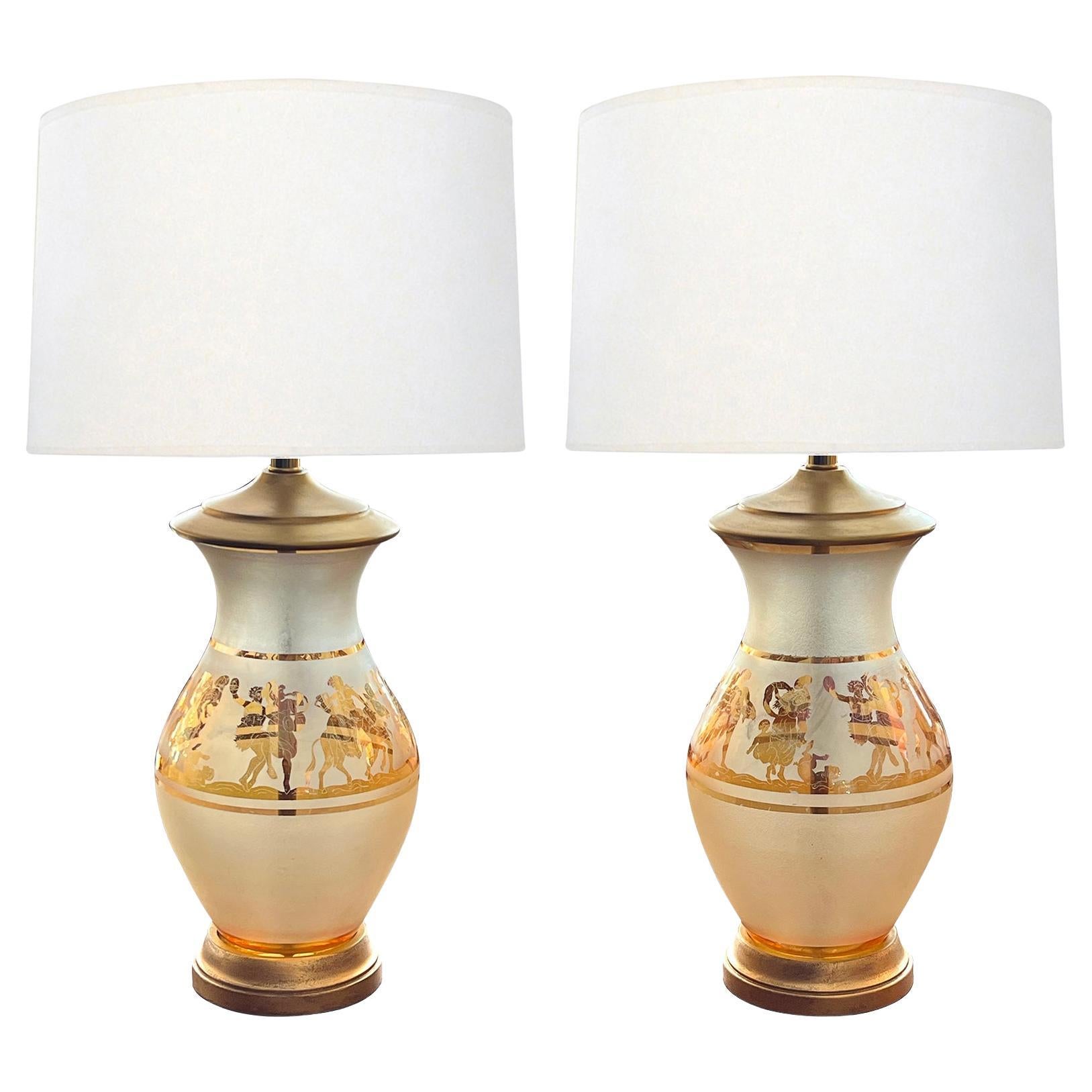 Pair Bohemian Frosted Flash Glass Overlay Lamps with Classical Figures