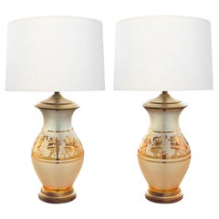 Pair Bohemian Frosted Flash Glass Overlay Lamps with Classical Figures