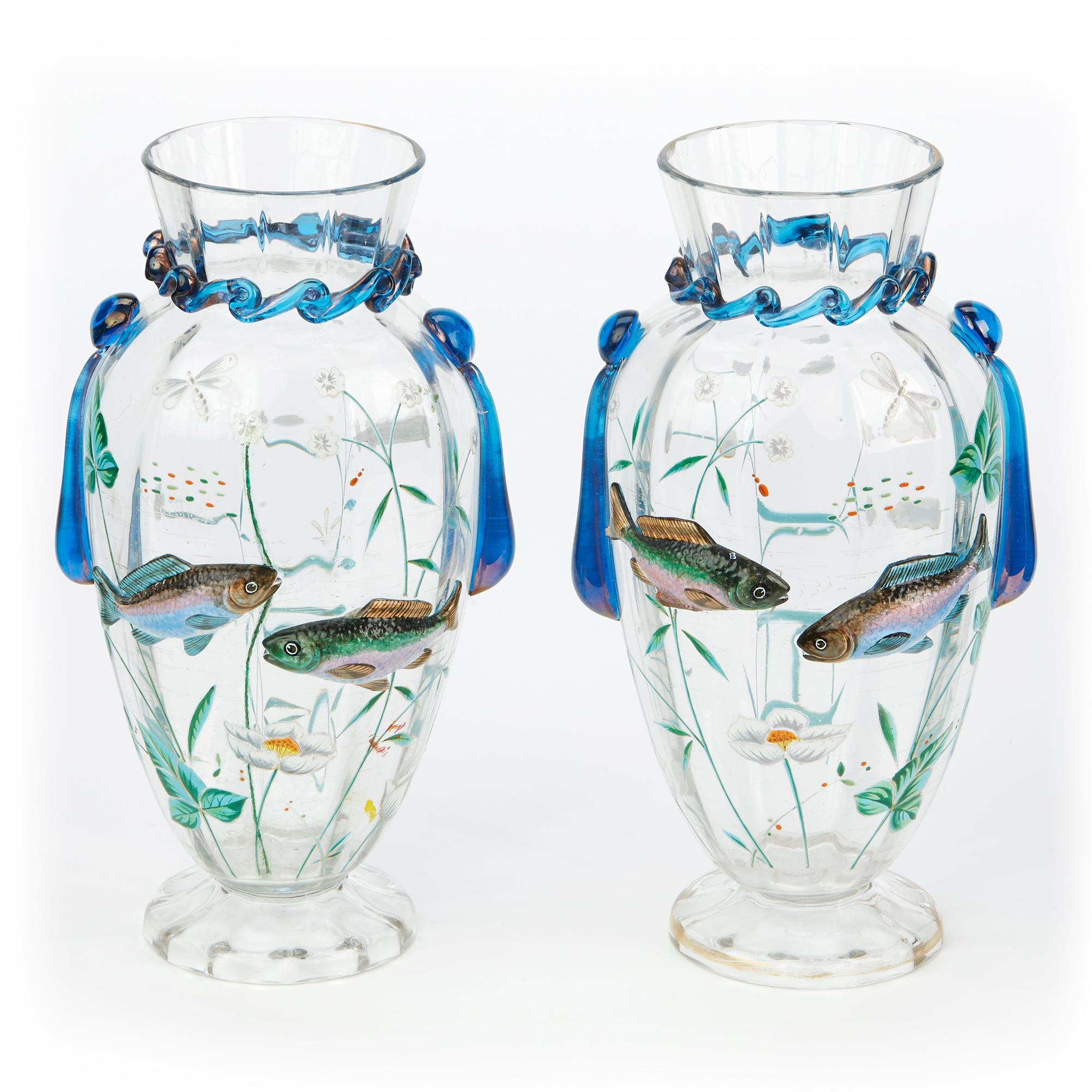 Early 20th Century Pair of Bohemian Harrach Art Glass Vases Applied with Fish, circa 1900