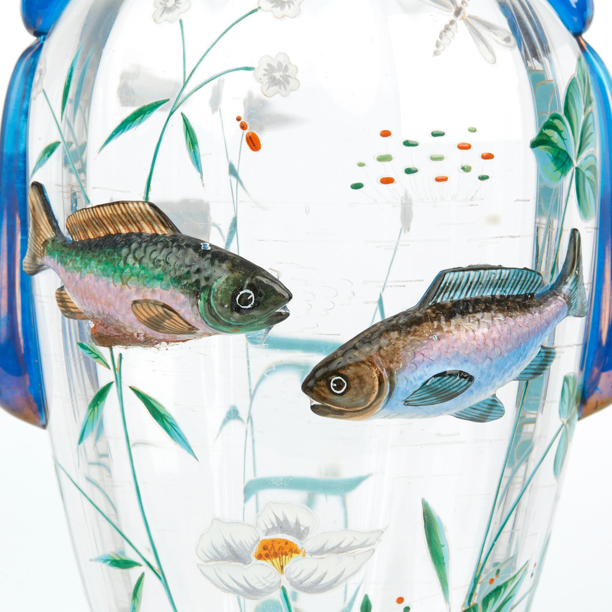 Pair of Bohemian Harrach Art Glass Vases Applied with Fish, circa 1900 1