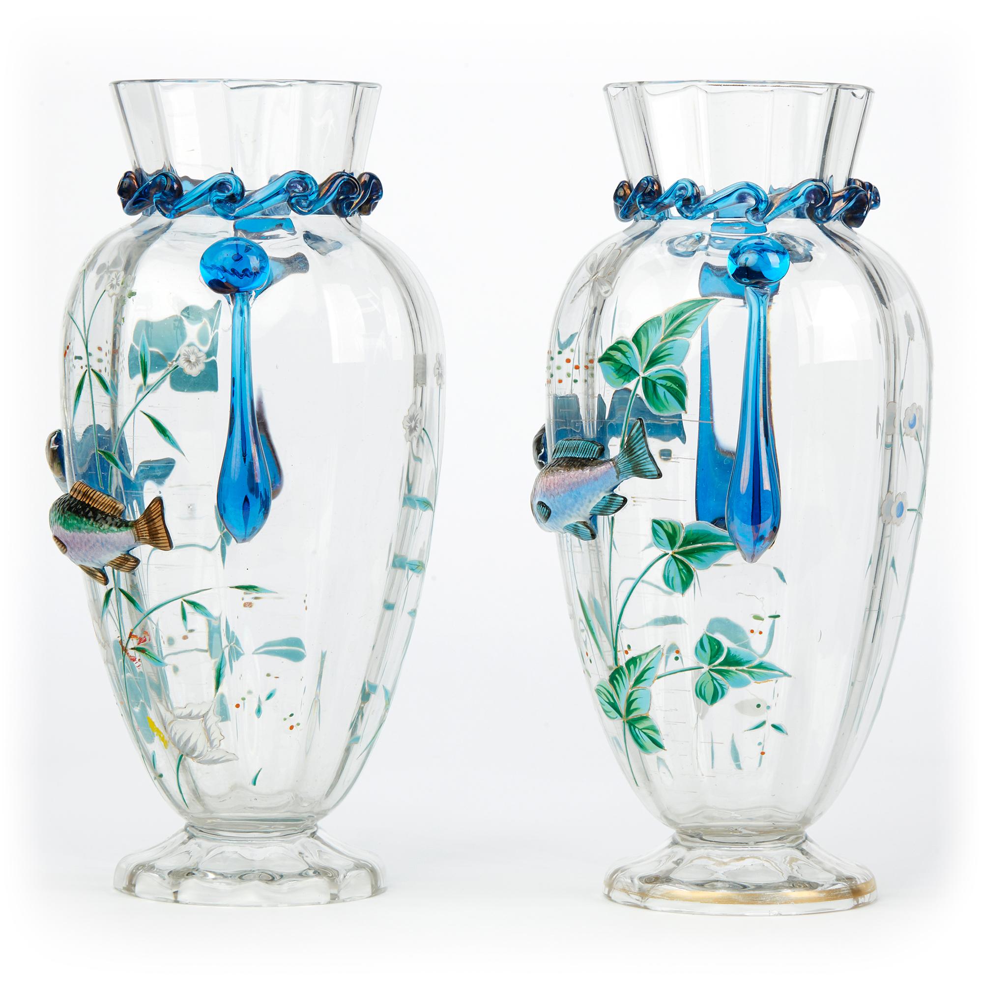 Czech Pair of Bohemian Harrach Art Glass Vases Applied with Fish, circa 1900