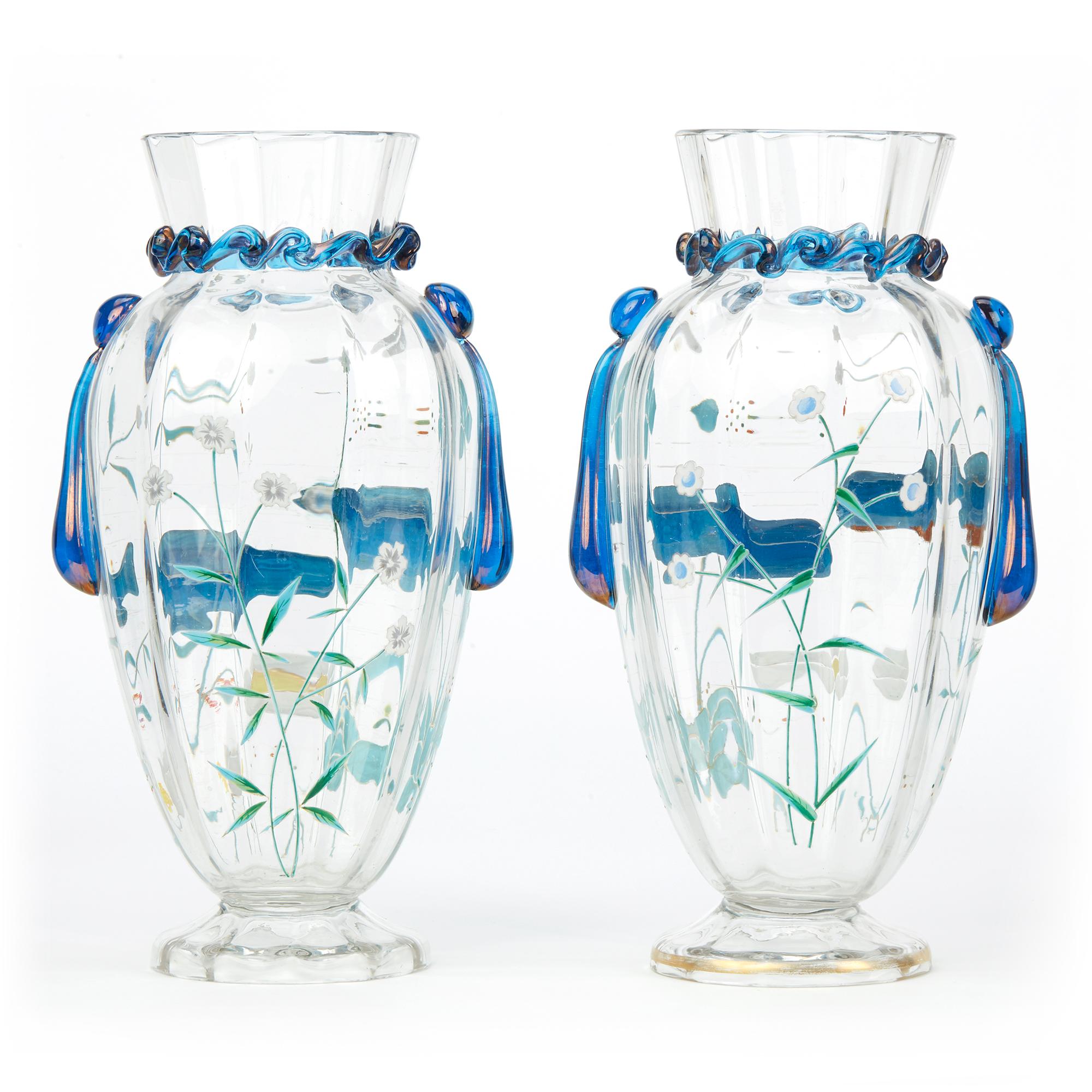 Hand-Crafted Pair of Bohemian Harrach Art Glass Vases Applied with Fish, circa 1900