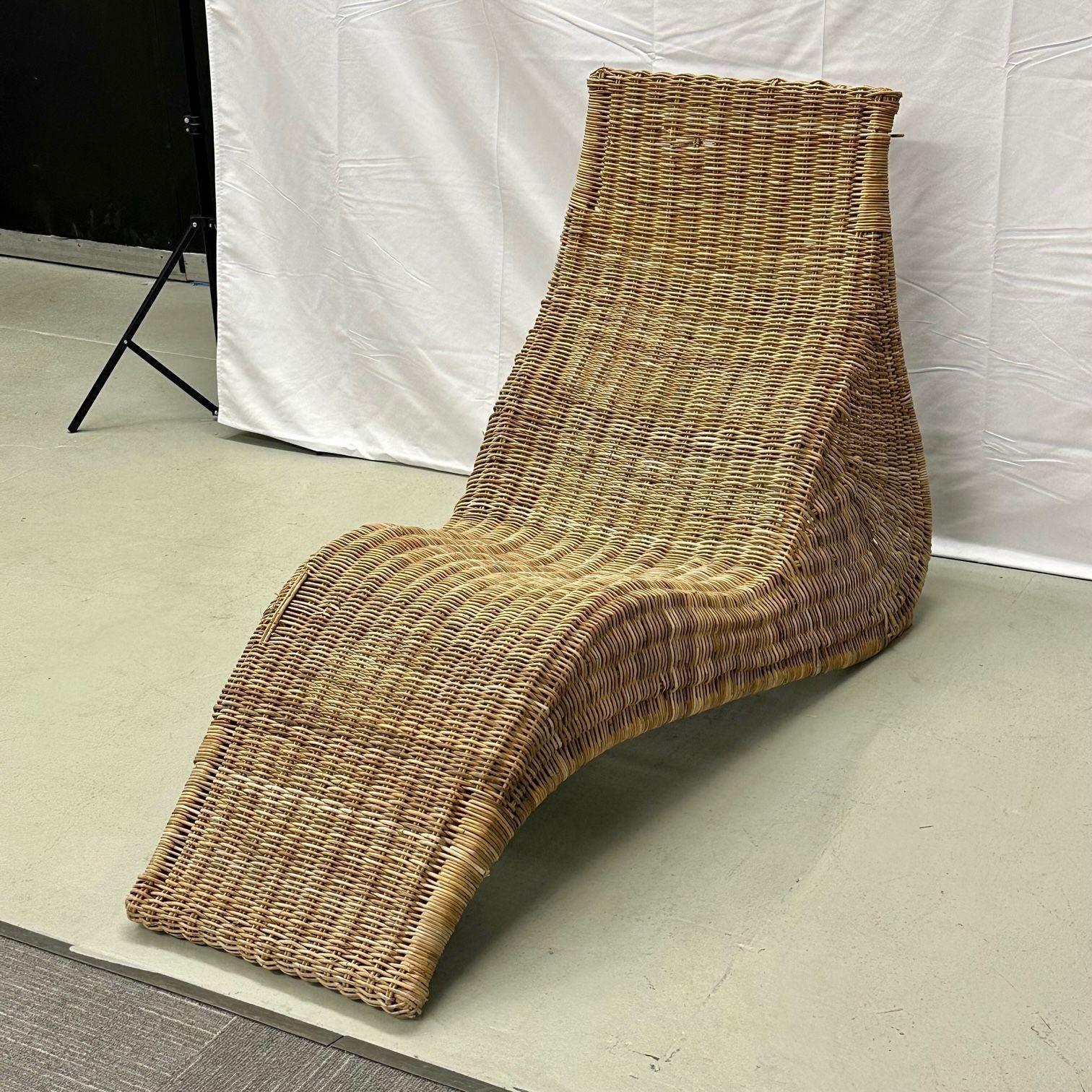Pair Bohemian Mid-Century Modern Karlskrona Rattan Wicker Chaise Lounge Chairs For Sale 2