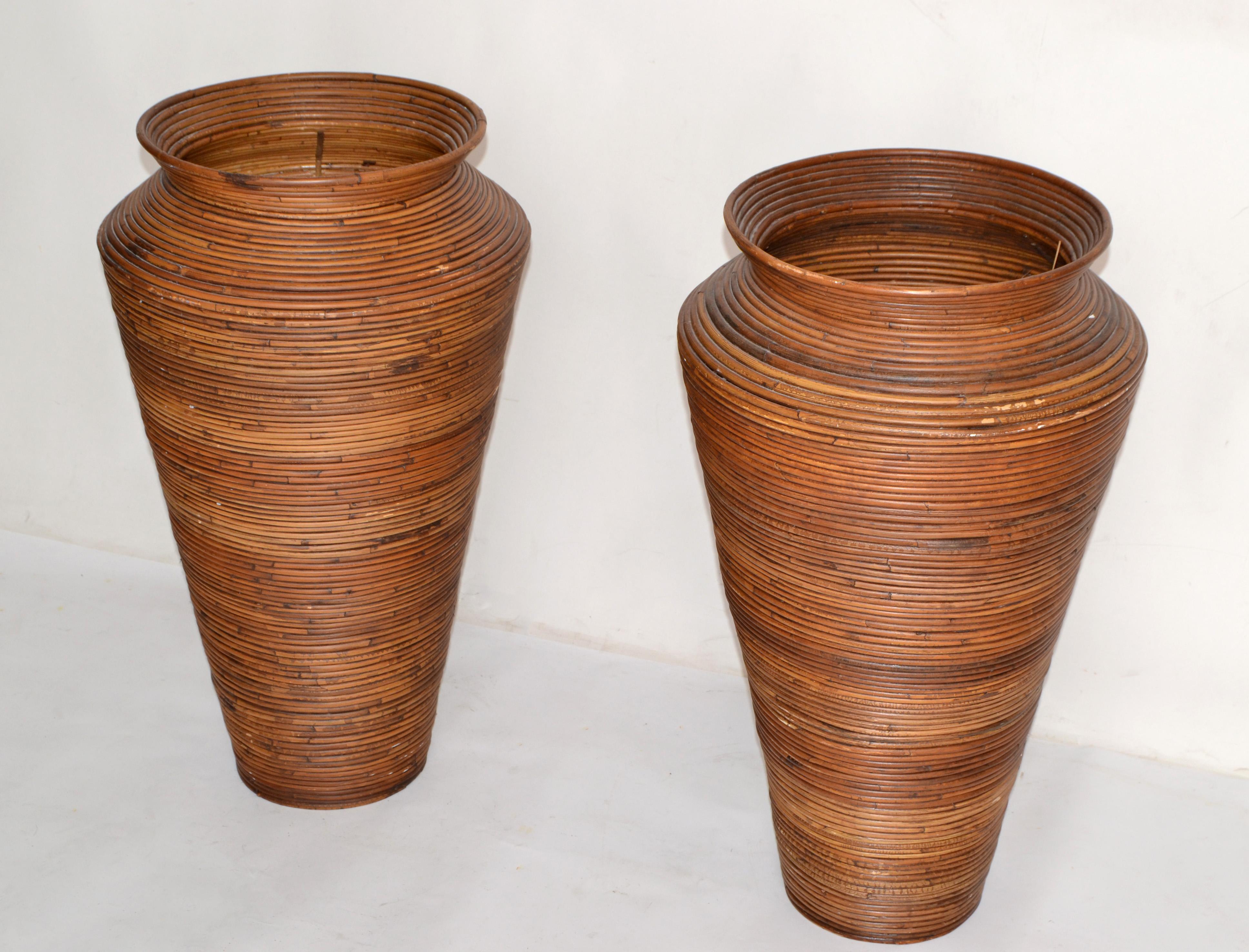 Pair, Bohemian Pencil Reed Bamboo Handcrafted Tall Cone Shape Floor Vases For Sale 8