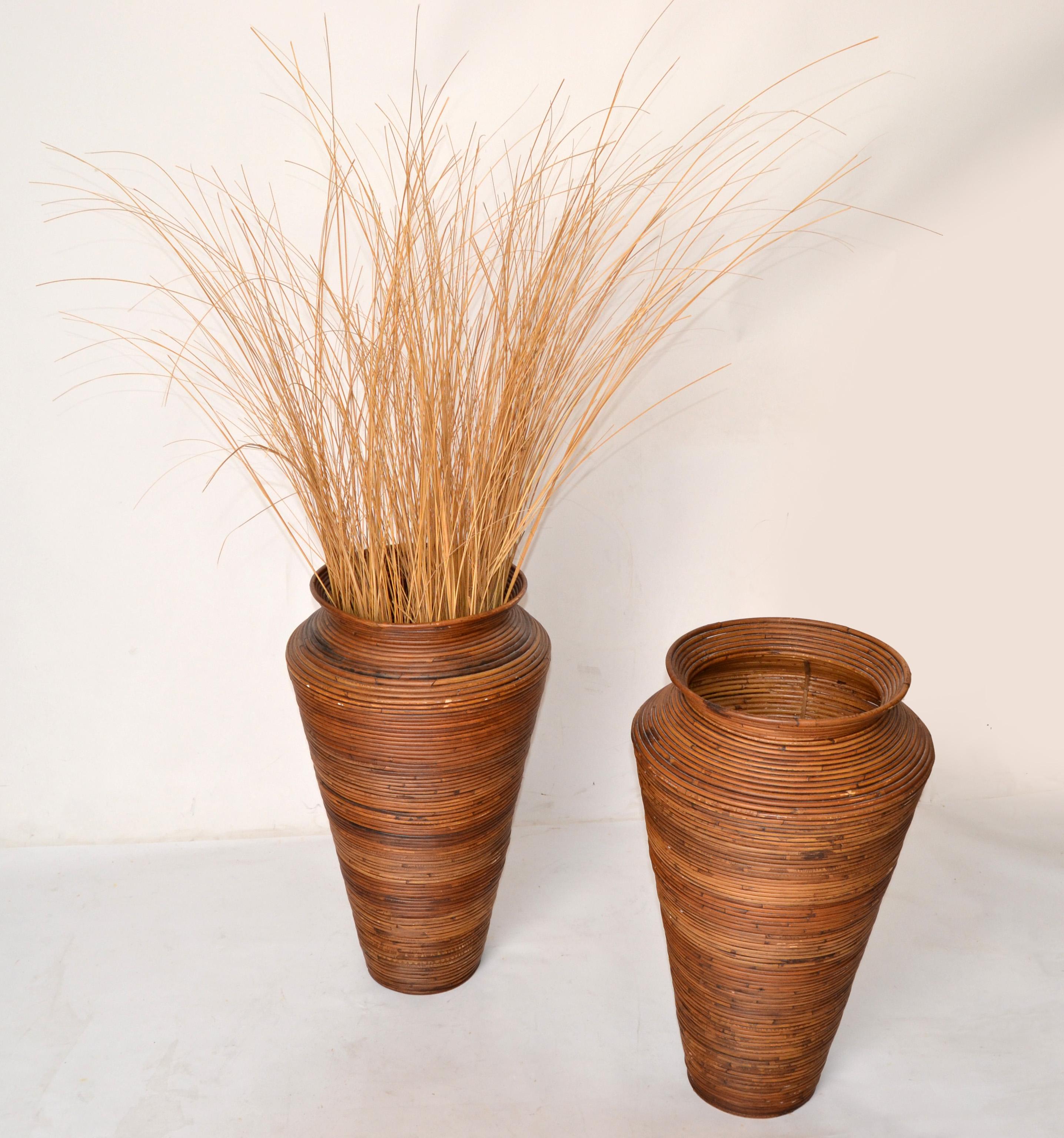 Pair, Bohemian Pencil Reed Bamboo Handcrafted Tall Cone Shape Floor Vases For Sale 9