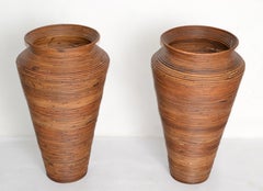 Pair, Bohemian Pencil Reed Bamboo Handcrafted Tall Cone Shape Floor Vases